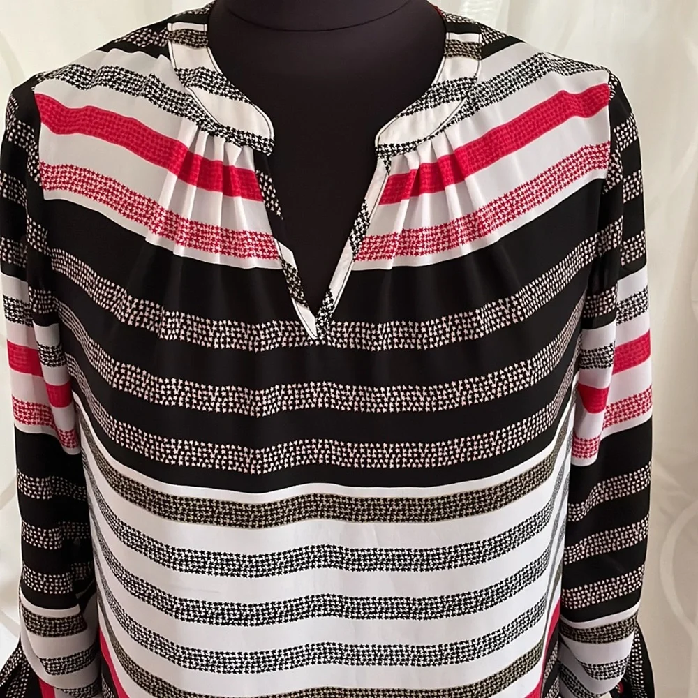 Liz Claiborne Red, White & Black Striped Blouse, Size PS - Picture 2 of 5